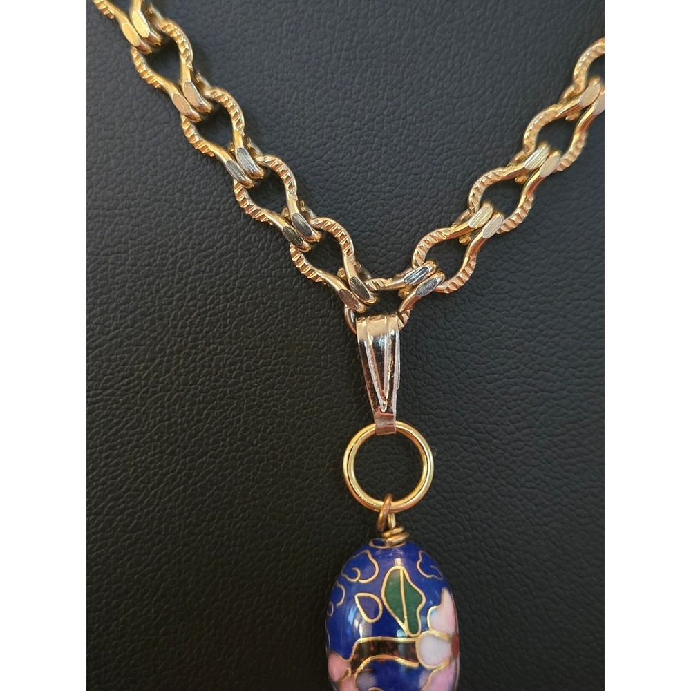 Long Textured Goldtone Chains Necklace Cloisonne Drop Dangle Vintage